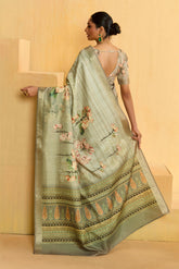 Grey Olive Tussar Silk Floral Print Saree